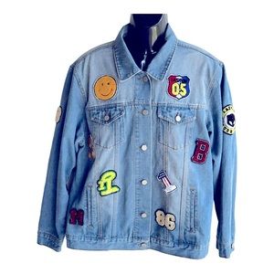 bee & ceci Denim Jacket Women Sz L Light Blue‎ premium with patches
